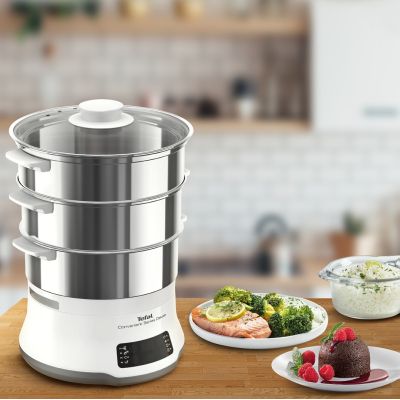 9. Tefal Convenient Series Deluxe VC502D szybkowar parowy 3 kosze, Blat 900 W Stal nierdzewna, Biały