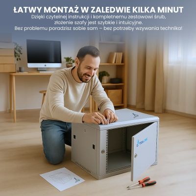 3. Extralink Szafa rack 9U 600x450 ASP Szara montowana na ścianie, drzwi blaszane pełne