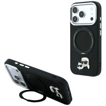 Etui Karl Lagerfeld with Ring Stand 360 Karl & Choupette Heads Pin MagSafe na iPhone 18 Pro Max / 17 Pro Max - czarne