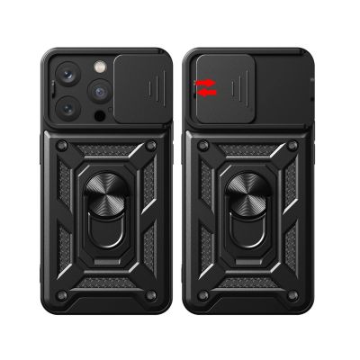 6. Pancerne etui z podstawką i osłoną aparatu do iPhone 15 Pro Hybrid Armor Camshield - niebieskie