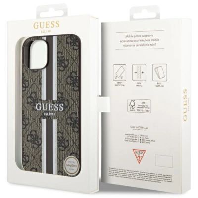 8. Etui Guess 4G Printed Stripes MagSafe na iPhone 14 - brązowe