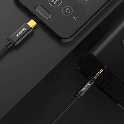 12. Baseus kabel audio stereo przejściówka AUX 3,5 mm mini jack - USB Typ C do telefonu tabletu 120cm czarny (CAM01-01)