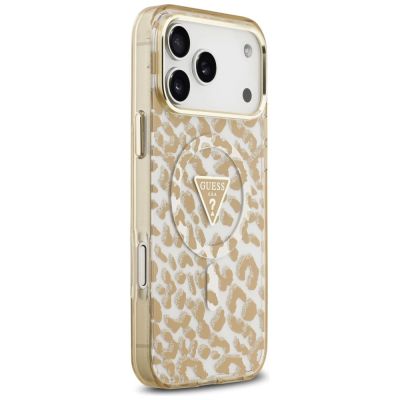 4. Etui Guess IML Leopard Glitter Triangle Logo MagSafe na iPhone 17 Pro / 18 Pro - brązowe