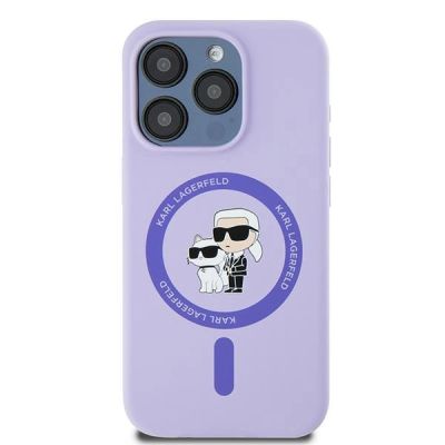 3. Etui Karl Lagerfeld Silicone Karl&Choupette Heads Ring MagSafe na iPhone 15 Pro - fioletowe