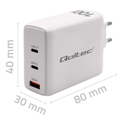 7. Qoltec Ładowarka sieciowa 100W GaN  | 5-20V | 1.5-5A | 2 x USB-C PD | 1 x USB QC 3.0 | Biała