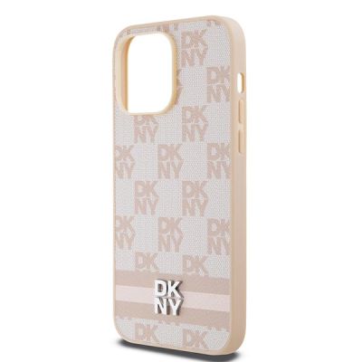 6. Etui DKNY Leather Checkered Mono Pattern & Printed Stripes na iPhone 14 Pro Max - różowe