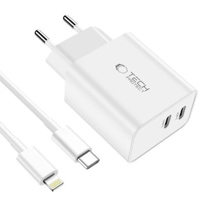 3. Ładowarka Tech-Protect C35W sieciowa 2x USB-C PD 35W z kablem USB-C / Lightning - biała