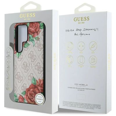 8. Etui Guess Leather 4G Flowers Print Metal Classic Logo MagSafe na Samsung Galaxy S25 Ultra - różowe