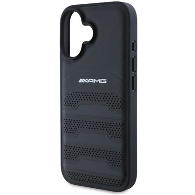 6. Etui AMG Leather Debossed Lines Black Logo na iPhone 16 - czarne
