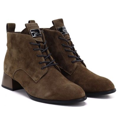 9. Skórzane botki damskie na obcasie zamsz camel Vinceza FIO27-67036