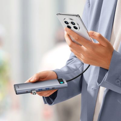 4. HUB 11w1 Baseus Metal Gleam Series USB-C do USB-C PD / 3x USB-A 3.0 / USB-A 2.0 / HDMI / VGA / AUX / RJ-45 / SD TF - szary