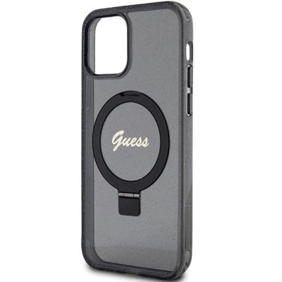 6. Etui Guess Ring Stand Script Glitter MagSafe na iPhone 12/12 Pro - czarne