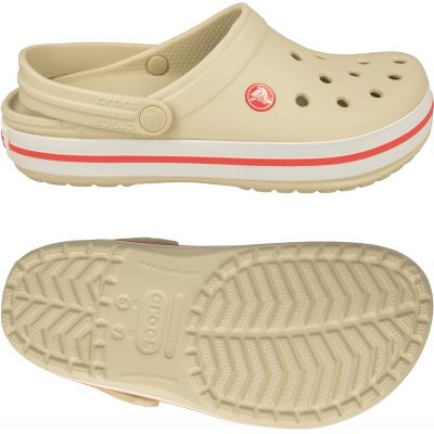 Klapki Crocs Crocband W 11016 w kolorze beżowym z elementami w odcieniu białym i różowym, materiał Croslite, otwory na ozdoby Jibbitz