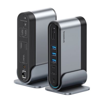 11. Stacja dokująca USB-C Baseus UnionJoy 2xHDMI4K@60Hz 1xDP4K@60Hz 3xUSB-A3.0 2xUSB-C3.0 2xUSB-A2.0 1xRJ45 PD PC 1xSD+TF 1x3.5mm minijack - szara