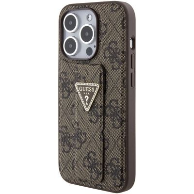 3. Etui Guess Grip Stand 4G Triangle Strass na iPhone 15 Pro - brązowe