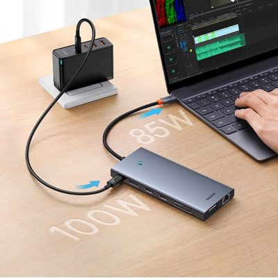 11. HUB Baseus PortalJoy Series 13w1 USB-C - 2x HDMI / DP / VGA / USB-A 3.1 / USB-C 3.1 / USB-A 2.0 / PD / RJ45 / SD / TF / AUX - szary