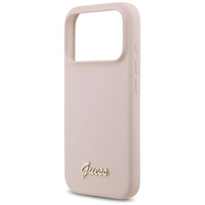 6. Etui Guess Silicone Script Metal Logo MagSafe na iPhone 17 Pro - różowe