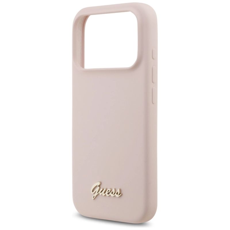 6. Etui Guess Silicone Script Metal Logo MagSafe na iPhone 17 Pro - różowe