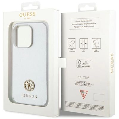 8. Etui Guess Strass Metal Logo na iPhone 15 Pro - srebrne