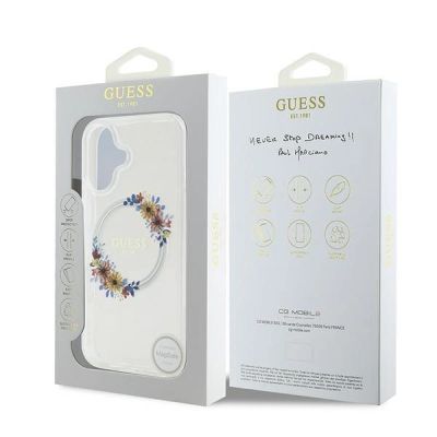 8. Etui Guess IML Flowers Wreath MagSafe na iPhone 16 Plus - przezroczyste