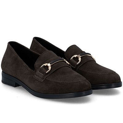 4. Skórzane loafersy damskie zamszowe brązowe Rieker  46262-25
