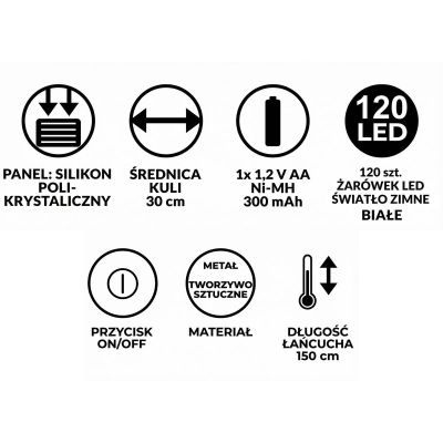 4. LAMPA SOLARNA WISZĄCA KULA 30CM 120 LED ZIMNY BIAŁY