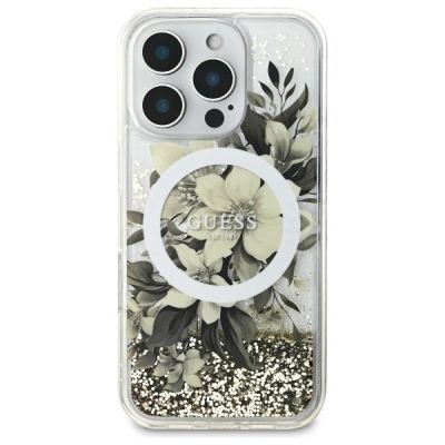 3. Etui Guess Liquid Glitter Flower MagSafe na iPhone 16 Pro - beżowe