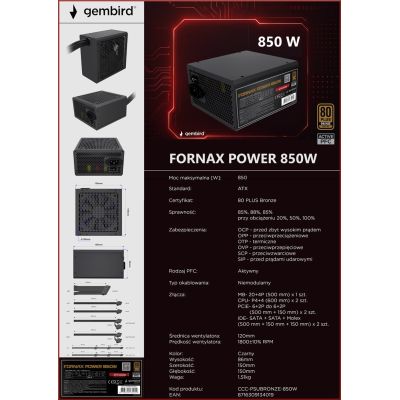 14. GEMBIRD ZASILACZ KOMPUTEROWY FORNAX POWER 80+ BRONZE ATX, 850W, AKTYWNE PFC, 12CM WENTYLATOR