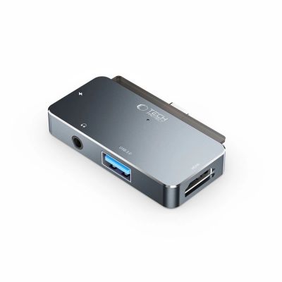 7. HUB Tech-Protect V6 4w1 USB-C - USB-A 3.0 / USB-C PD100W / HDMI / mini jack 3.5mm - szary