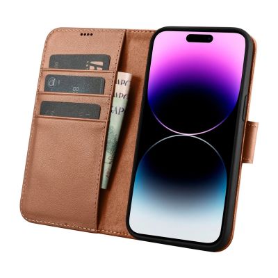 3. iCarer Wallet Case 2in1 etui iPhone 14 Pro skórzany pokrowiec z klapką Anti-RFID brązowy (WMI14220726-BN)