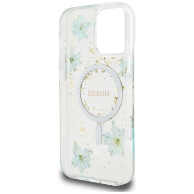 7. Etui Guess Resin Flowers Glitter MagSafe na iPhone 16 Pro - przezroczysto-zielone