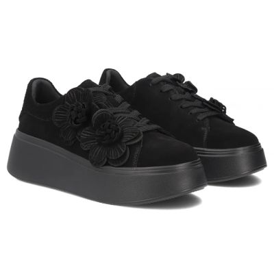4. Skórzane sneakersy damskie na platformie z kwiatami zamszowe czarne Filippo  DP8113
