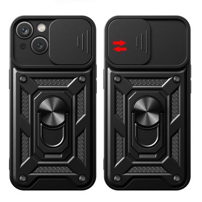 6. Pancerne etui z podstawką i osłoną aparatu do iPhone 15 Plus Hybrid Armor Camshield - czarne