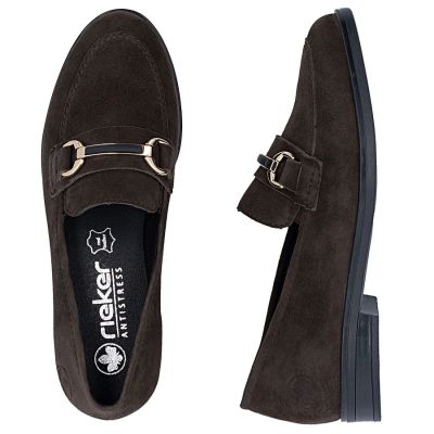 11. Skórzane loafersy damskie zamszowe brązowe Rieker  46262-25