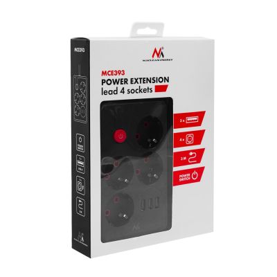 3. MACLEAN LISTWA ZASILAJĄCA, PRZEDŁUŻACZ 4 GNIAZDA + 3XUSB, 110-240V AC 50/60HZ, 2.1A MAX 2500W, 3M, CZARNA, MCE393 B