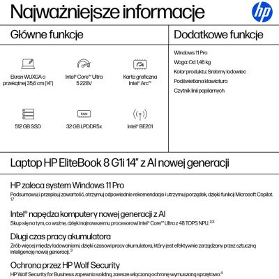 3. HP EliteBook 8 G1i Next Gen AI PC Copilot+ PC Intel Core Ultra 5 228V Laptop 35,6 cm (14") WUXGA 32 GB LPDDR5x-SDRAM 512 GB SSD Wi-Fi 7 (802.11be) Windows 11 Pro Srebrny