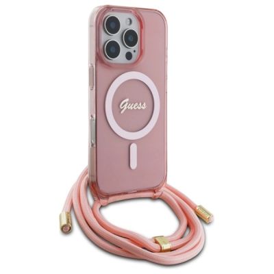 3. Etui Guess Crossbody Cord Script MagSafe na iPhone 16 Pro - różowe