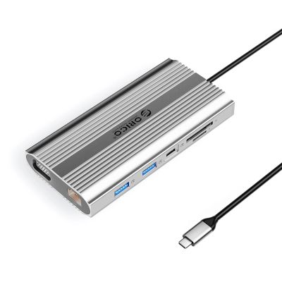 Stacja dokująca USB-C Orico XDR 12w1 USB-A USB-C HDMI 4K VGA RJ45 Gigabit PD 100W czytnik kart SD i microSD - srebrna