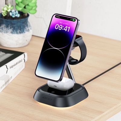 3. Stacja ładująca indukcyjna 3w1 Acefast E16 15W do telefonu / słuchawek / zegarka - czarna