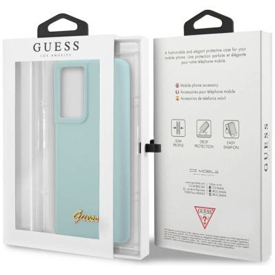 7. Etui Guess Silicone Script Metal Logo na Samsung Galaxy S21 Ultra - niebieskie