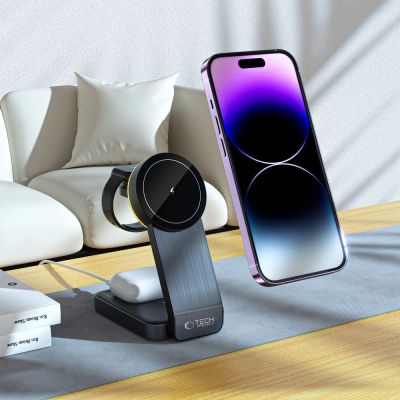 6. Ładowarka Tech-Protect QI15W-A28 indukcyjna MagSafe 3w1 ze stojakiem na smartfon / Apple Watch / AirPods - czarna