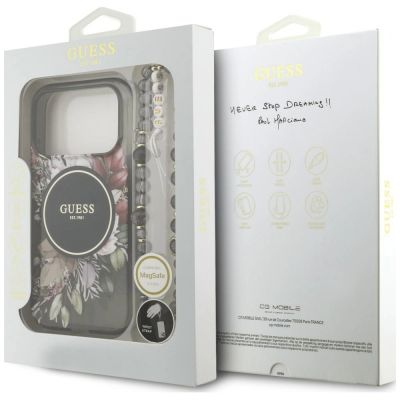 5. Etui Guess IML Flowers Pearl Strap MagSafe na iPhone 18 Pro / 17 Pro - czarne