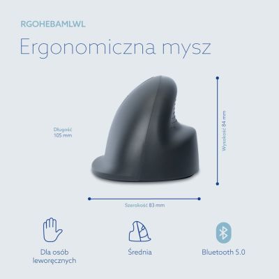 14. R-Go Tools Mysz pionowa R-Go HE Basic, mysz ergonomiczna, rozmiar medium (długość dłoni 165-185 mm), dla leworęcznych, Bluetooth