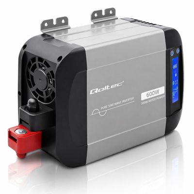 7. Qoltec Przetwornica napięcia Pure Sine Wave | 12V na 230V | 300/600W | LCD | USB | USB-C | Kompatybilna z LiFePO4 GEL AGM