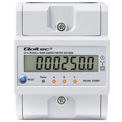 8. Qoltec 50980 Trójfazowy elektroniczny licznik z resetem | miernik zużycia energii na szynę DIN | 400V | 100A | LCD | LED | 4P