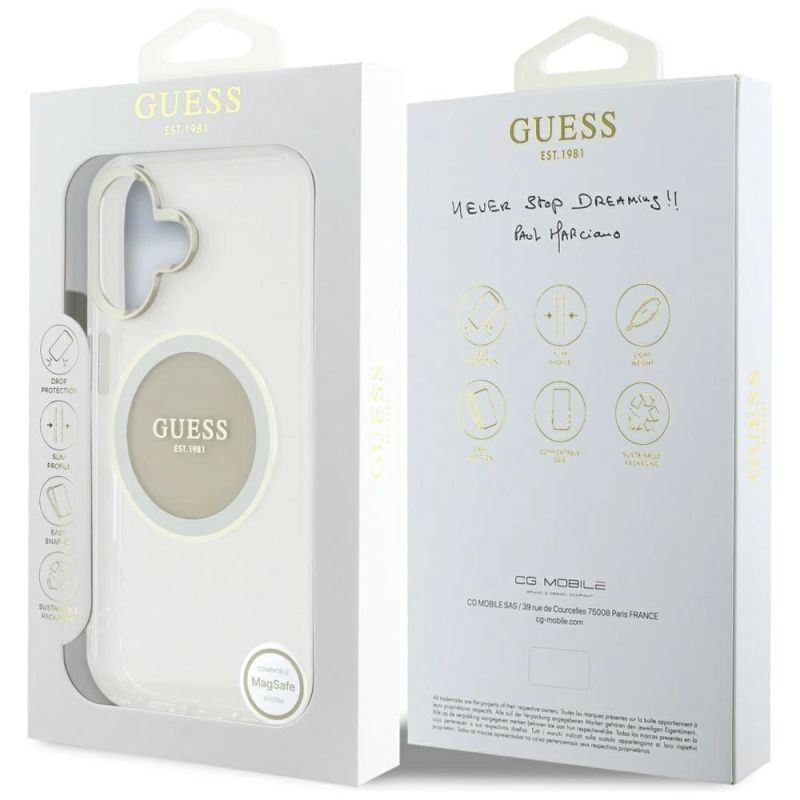 8. Etui Guess IML Metal Colored Circle Classic Logo MagSafe na iPhone 16 - szare
