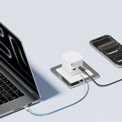 5. Ładowarka sieciowa Cuktech AD653W 67 W GaN 2x USB-C + USB-A ze zwijanym kablem USB-C 70 cm - biała