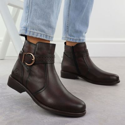 4. Skórzane botki damski z klamrą brązowe Remonte Rieker  D0F81-25