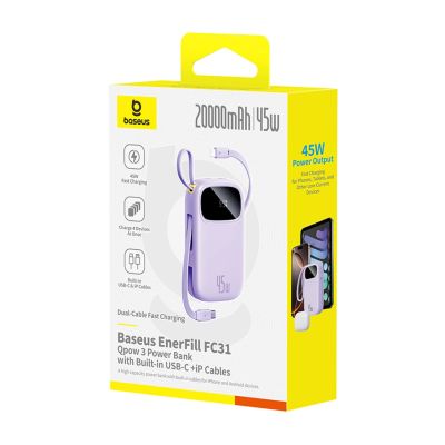 3. Powerbank Baseus EnerFill FC31 20000mAh 45W z wyświetlaczem z kablami USB-C i Lightning - fioletowy