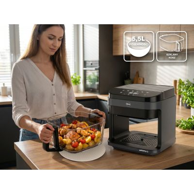 23. ELDOM FRYTKOWNICA BEZTŁUSZCZOWA FR500 5,5 L 1200W SZKLANY POJEMNIK, RUSZT, SILIKONOWA PODKŁADKA, 8 PROGRAMÓW, REGULACJA TEM.